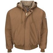Insulated Brown Duck Hooded Jacket with Knit Trim
